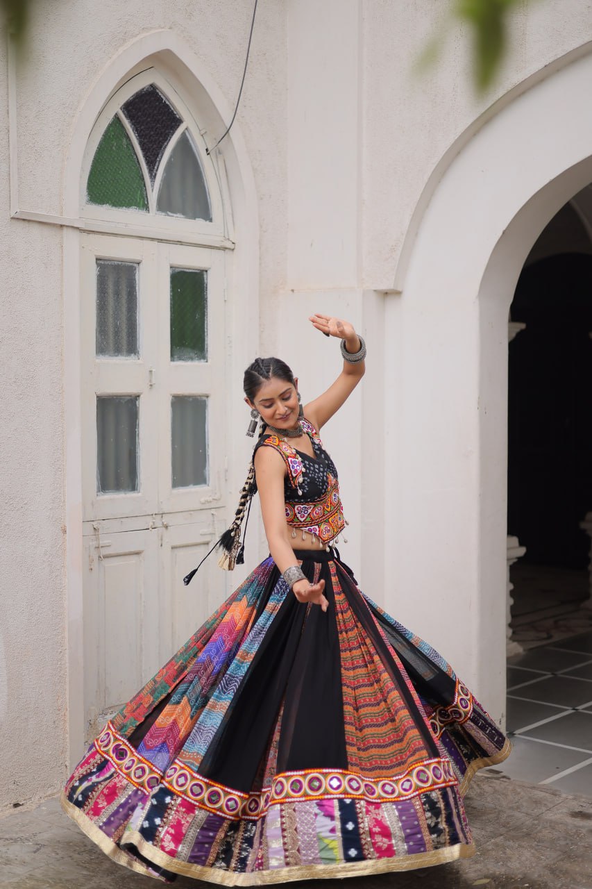 Multi Colour Designer Georgette Gamthi Embroidered Lehenga Set