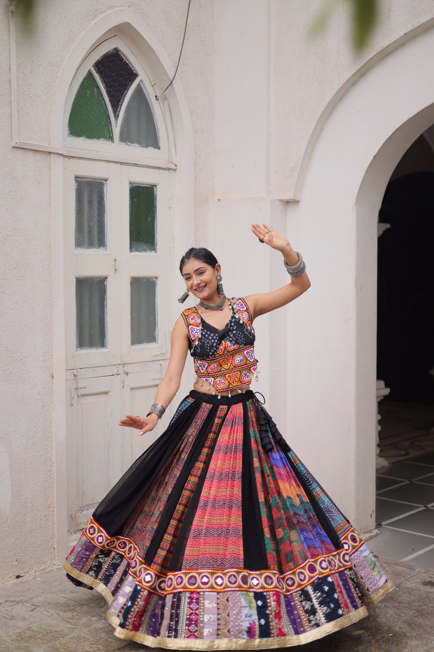 Multi Colour Designer Georgette Gamthi Embroidered Lehenga Set