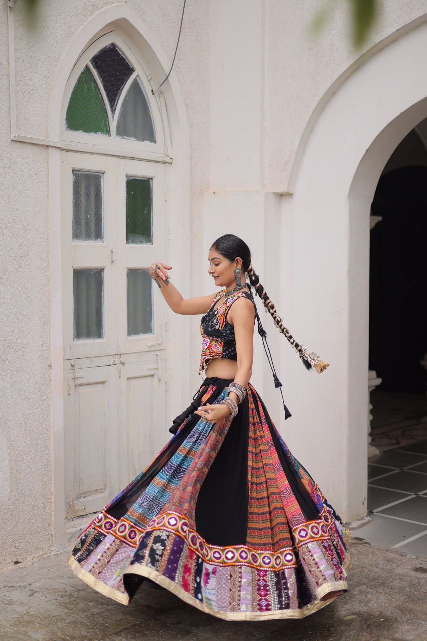 Multi Colour Designer Georgette Gamthi Embroidered Lehenga Set
