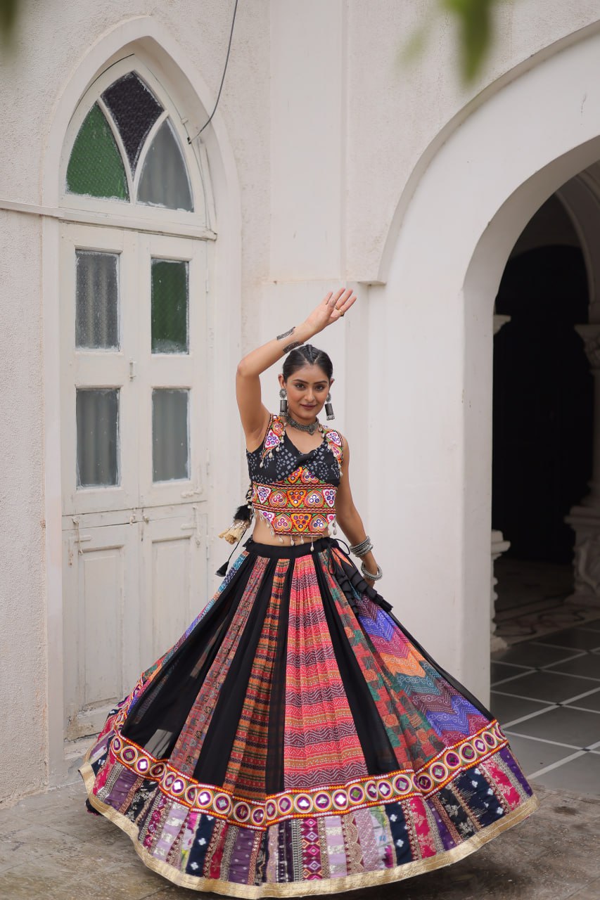 Multi Colour Designer Georgette Gamthi Embroidered Lehenga Set