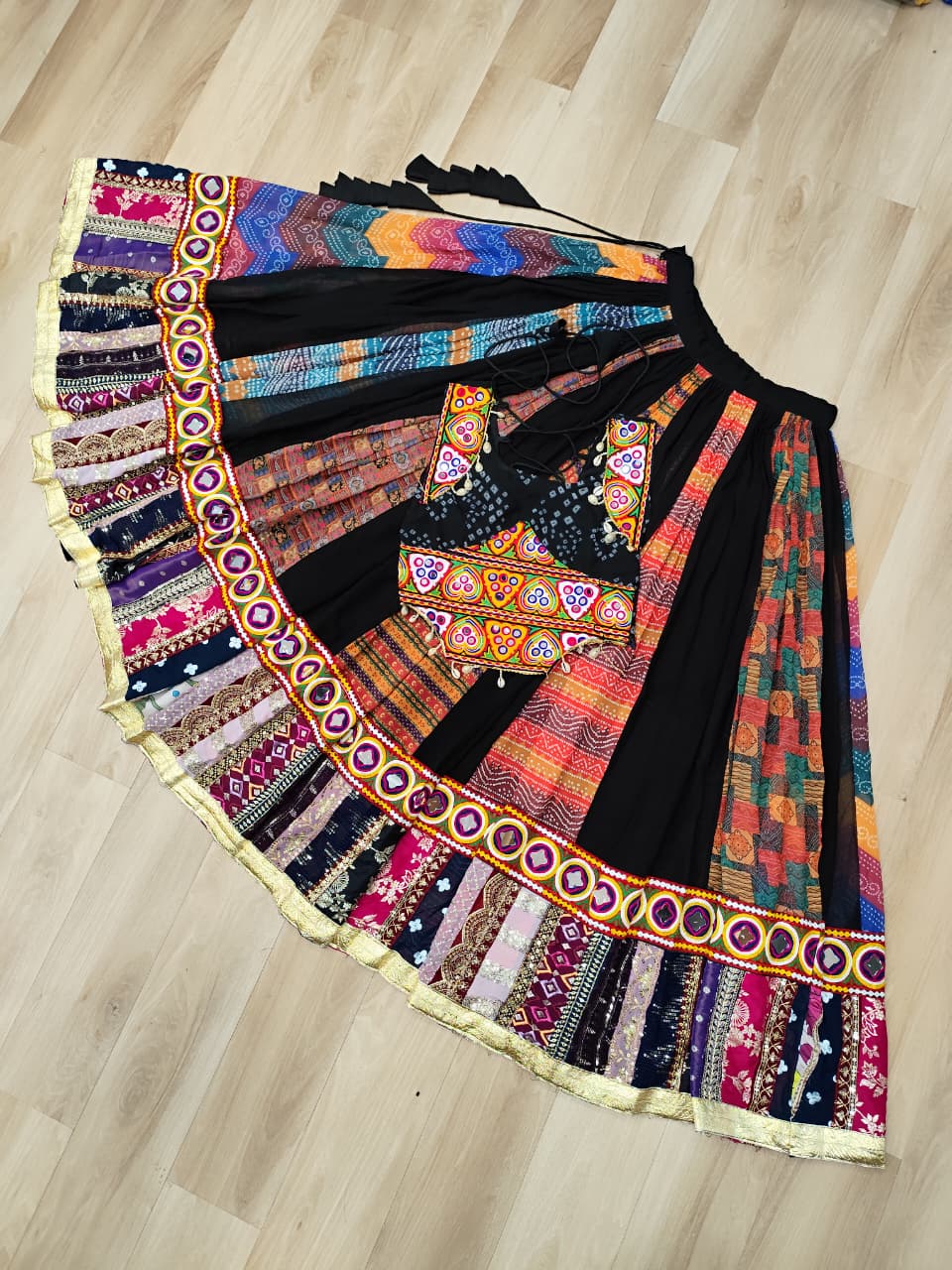 Multi Colour Designer Georgette Gamthi Embroidered Lehenga Set