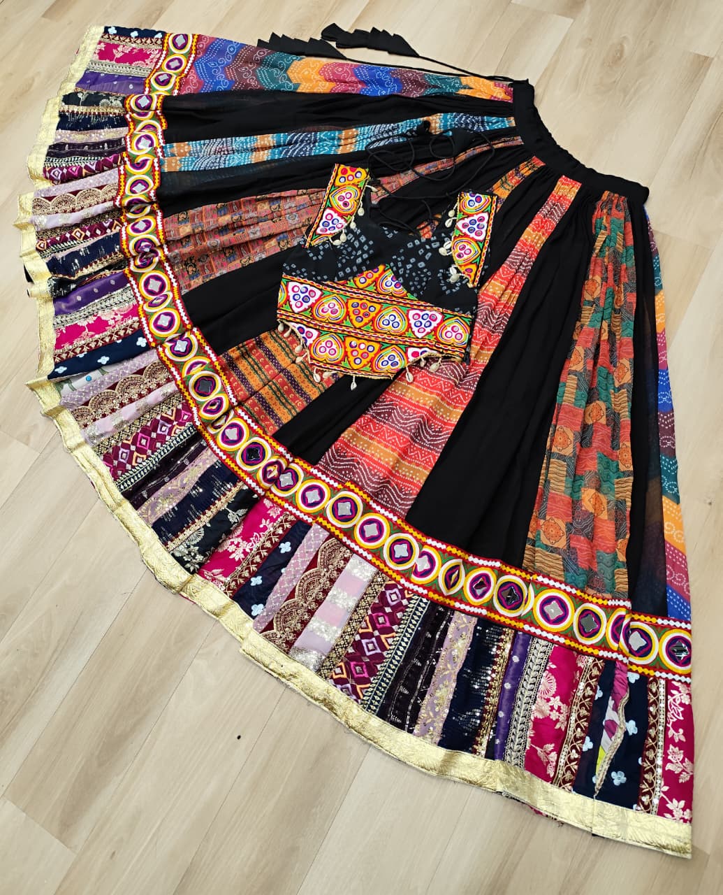 Multi Colour Designer Georgette Gamthi Embroidered Lehenga Set