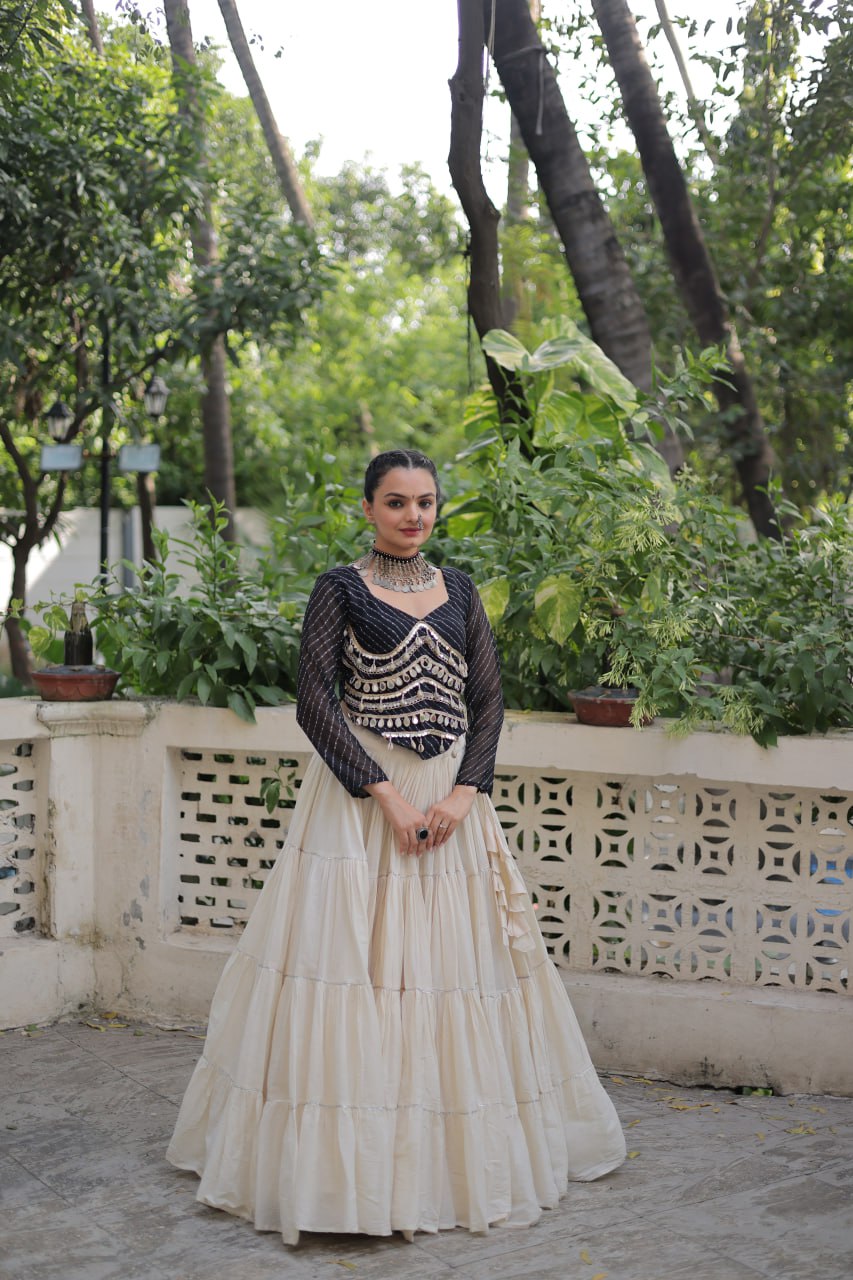 Designer Kora Cotton Lehenga with 12 Meter Flair & Leheriya Print Mirror Work Blouse