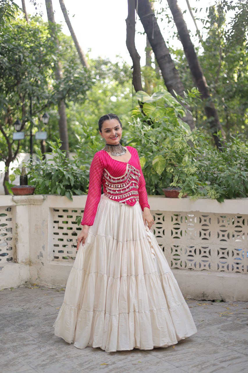 Designer Kora Cotton Lehenga with 12 Meter Flair & Leheriya Print Mirror Work Blouse