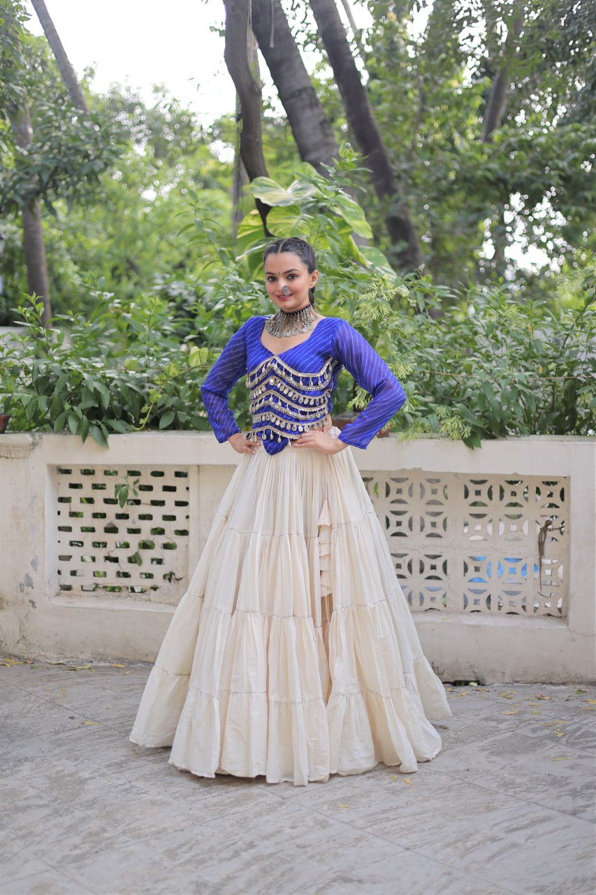 Designer Kora Cotton Lehenga with 12 Meter Flair & Leheriya Print Mirror Work Blouse