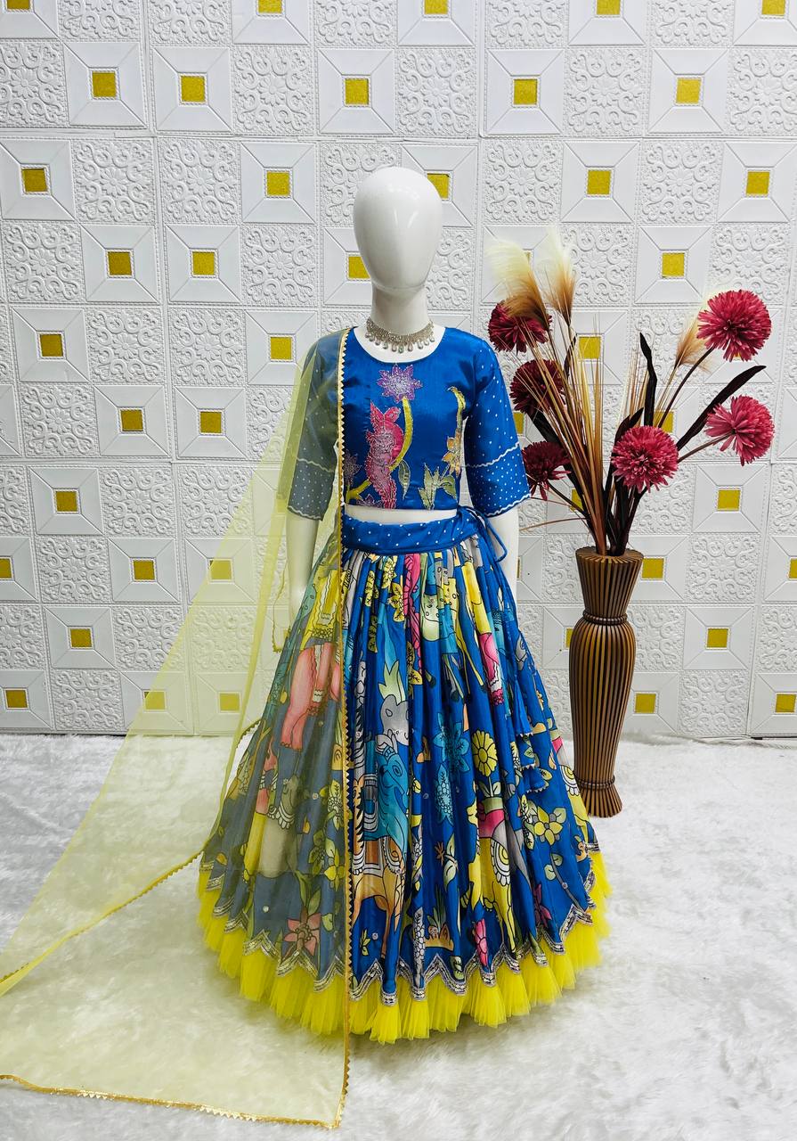 Girls Royal Blue Traditional Printed Lehenga Choli Set with Yellow Flair