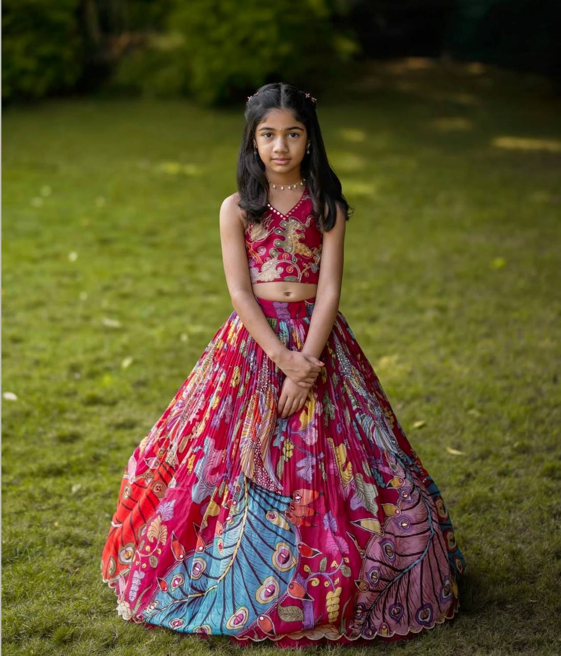 Girls Designer Peacock Print Lehenga Choli Set