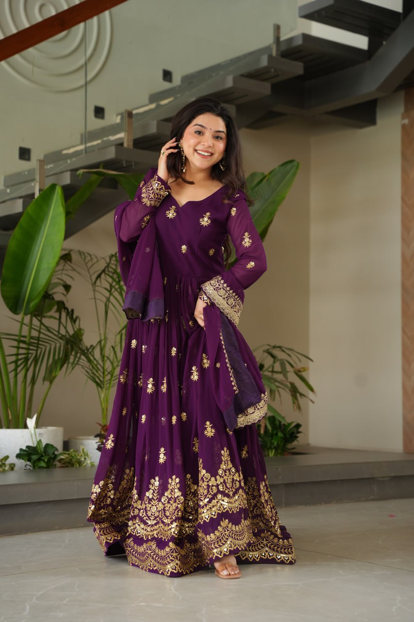 Purple Luxury Faux Blooming Zari & Sequins Embroidered Designer Gown with Matching Dupatta – Stitched Premium Ensemble