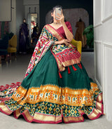 Glamgait Green Patola Lehenga Choli with Banarasi Border & Traditional Printed Dupatta for Women