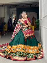 Glamgait Green Patola Lehenga Choli with Banarasi Border & Traditional Printed Dupatta for Women