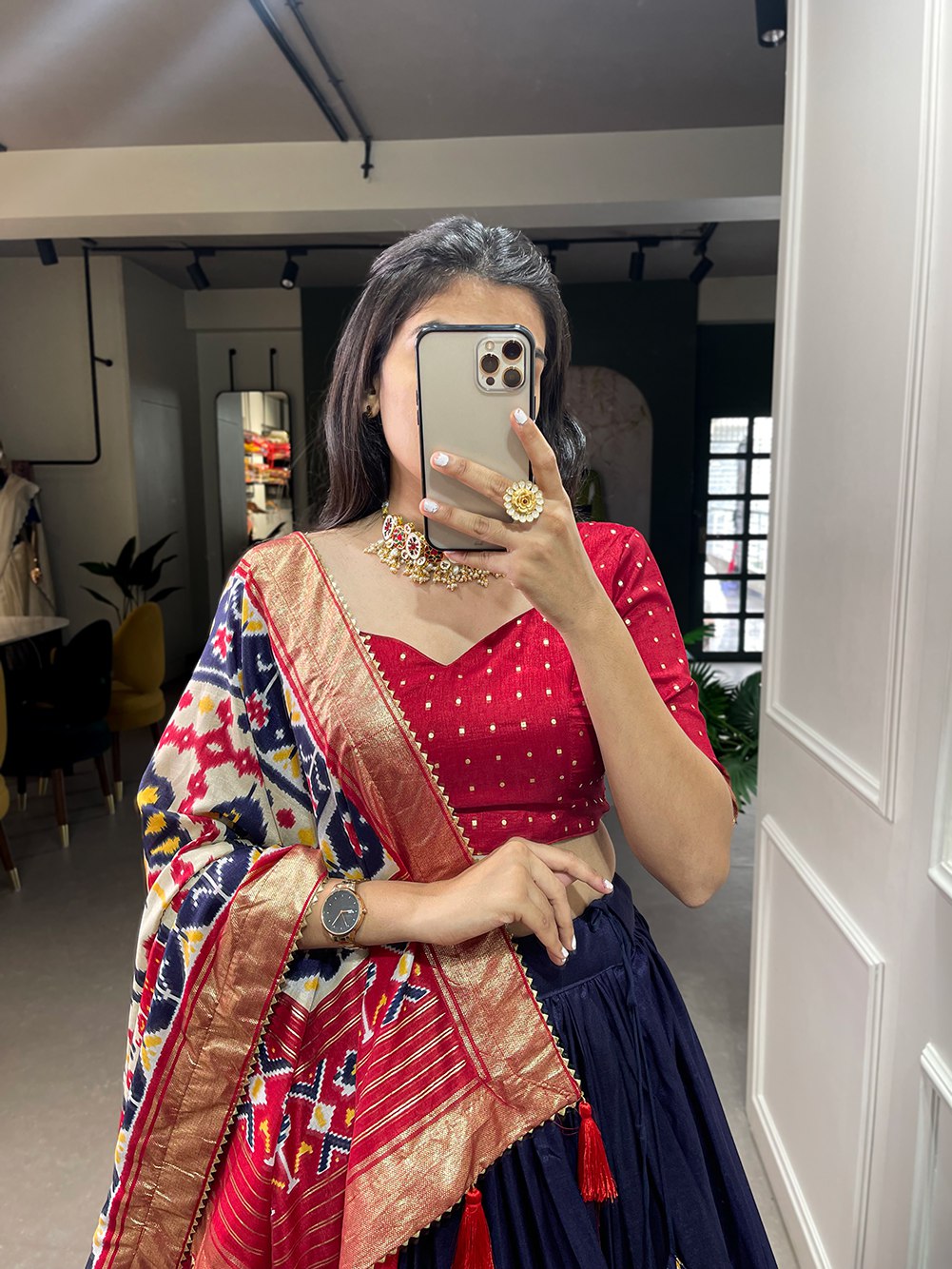 Mameraa Navy Blue Patola Lehenga Choli with Banarasi Border & Traditional Printed Dupatta