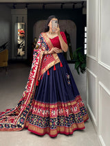 Mameraa Navy Blue Patola Lehenga Choli with Banarasi Border & Traditional Printed Dupatta