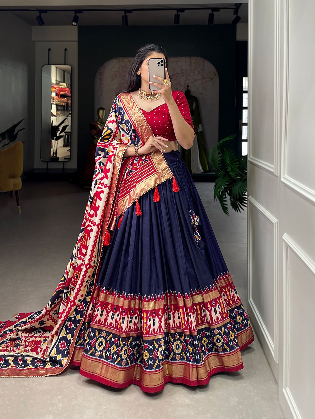 Mameraa Navy Blue Patola Lehenga Choli with Banarasi Border & Traditional Printed Dupatta
