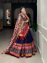 Mameraa Navy Blue Patola Lehenga Choli with Banarasi Border & Traditional Printed Dupatta