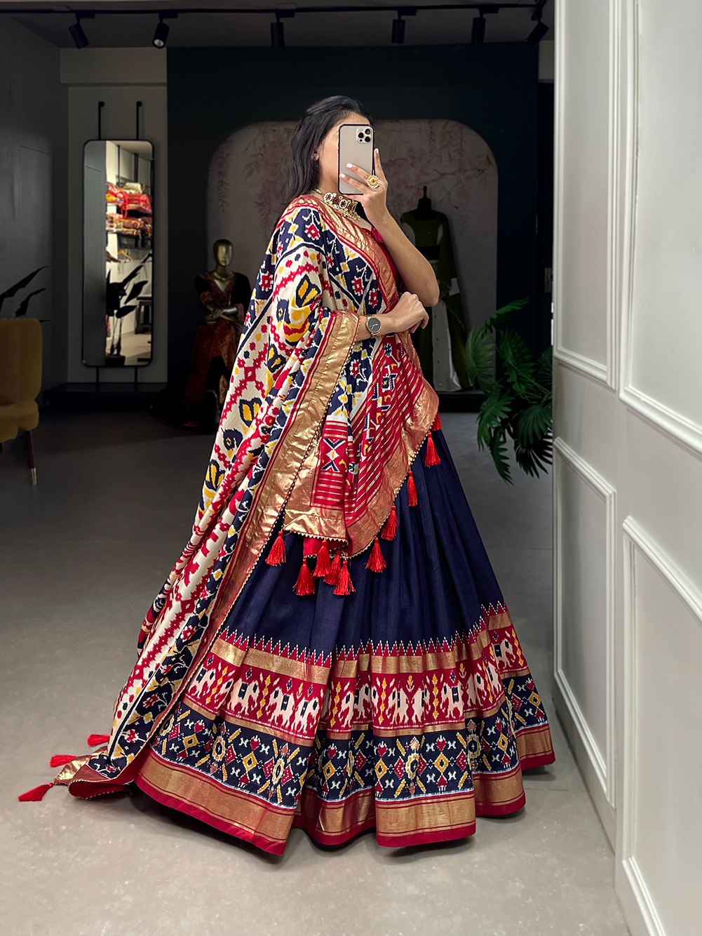 Mameraa Navy Blue Patola Lehenga Choli with Banarasi Border & Traditional Printed Dupatta