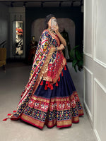 image, Mameraa Navy Blue Patola Lehenga Choli with Banarasi Border &amp; Traditional Printed Dupatta