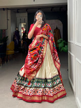 Mameraa Cream Patola Lehenga Choli with Red Printed Dupatta & Banarasi Border