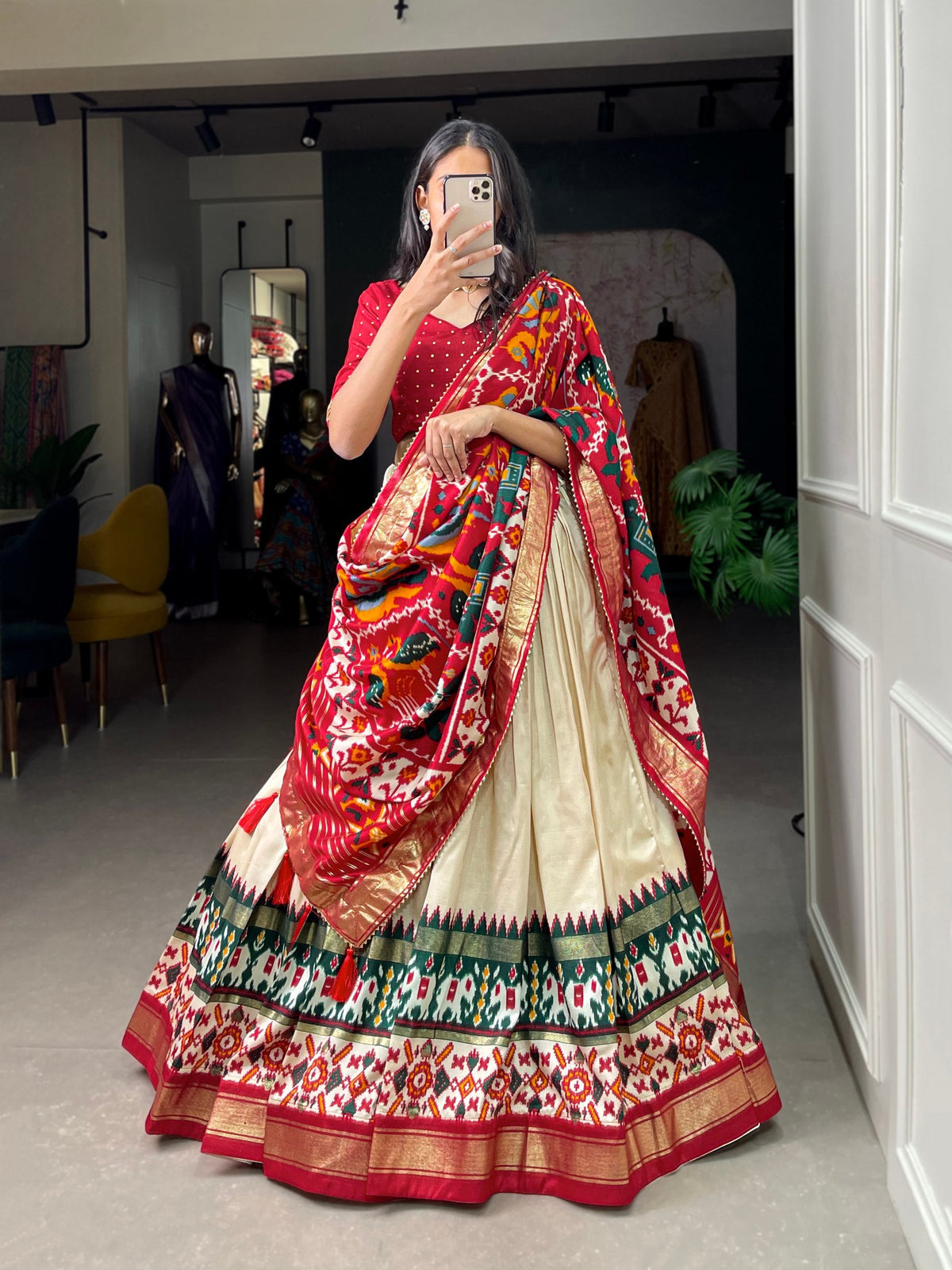 Mameraa Cream Patola Lehenga Choli with Red Printed Dupatta & Banarasi Border