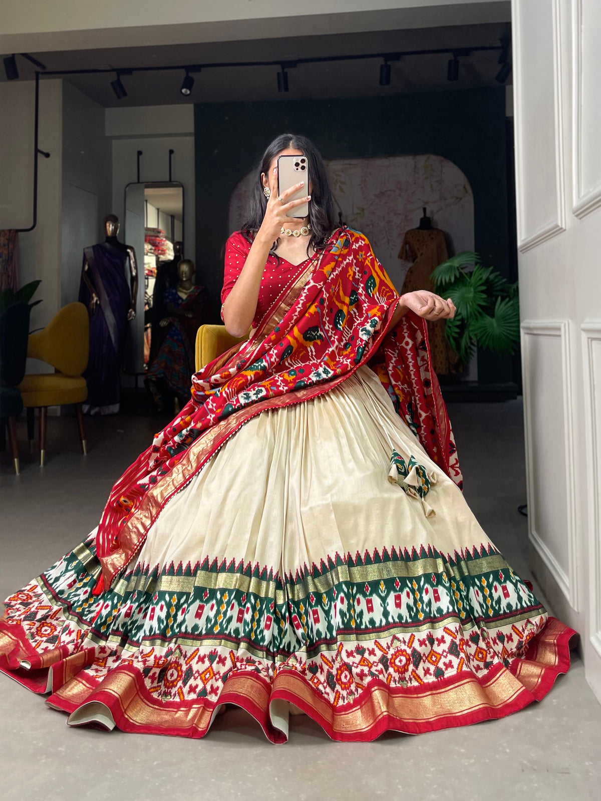 Mameraa Cream Patola Lehenga Choli with Red Printed Dupatta & Banarasi Border