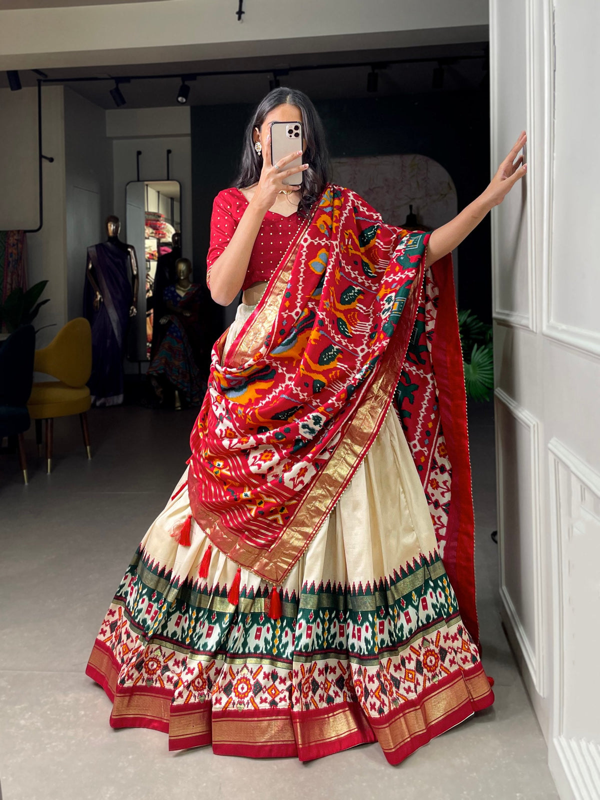 Mameraa Cream Patola Lehenga Choli with Red Printed Dupatta & Banarasi Border