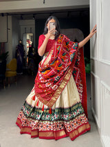 Mameraa Cream Patola Lehenga Choli with Red Printed Dupatta & Banarasi Border