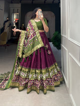 Mameraa Wine & Olive Green Patola Lehenga Choli with Banarasi Border & Printed Dupatta