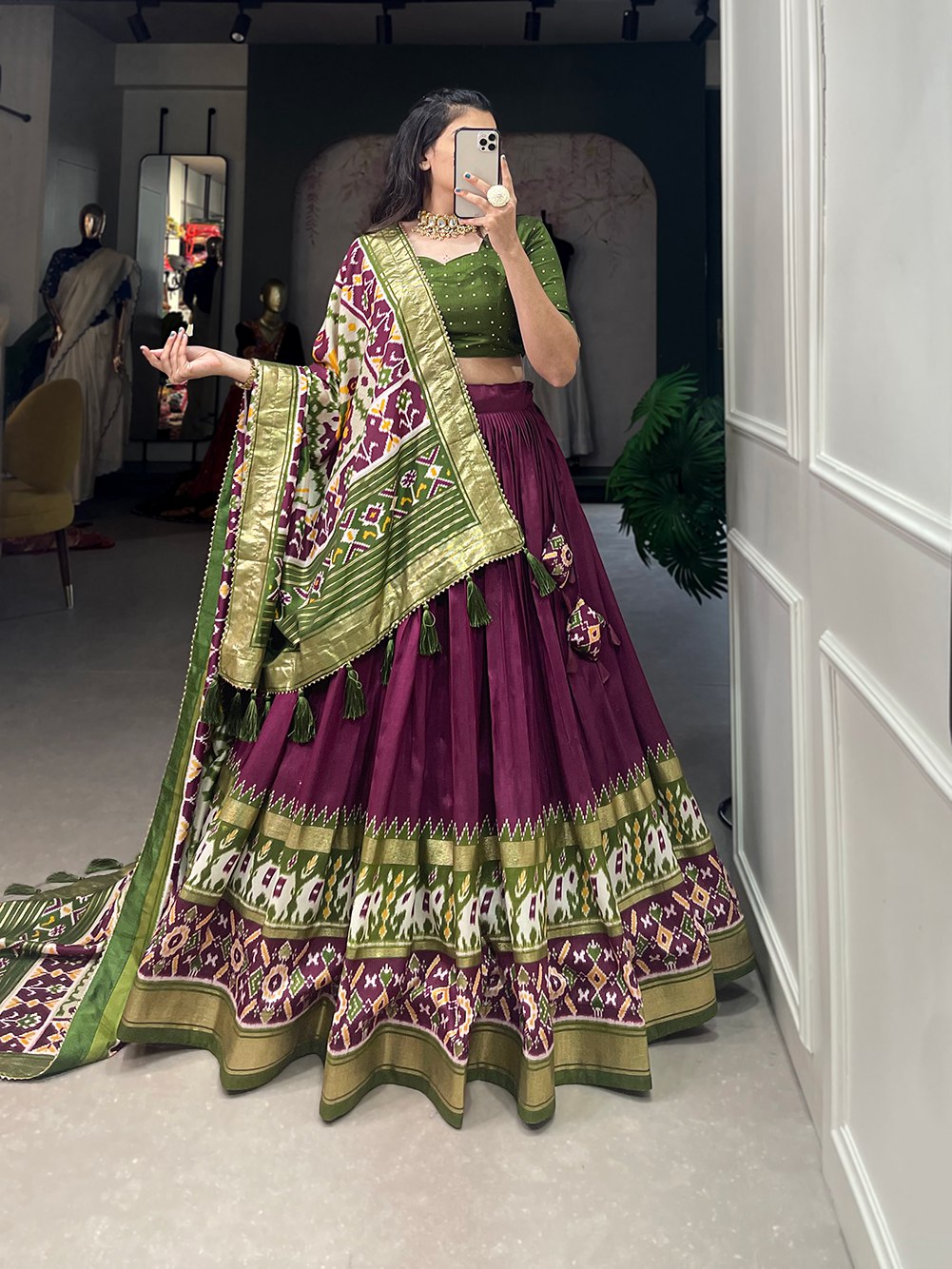 Mameraa Wine & Olive Green Patola Lehenga Choli with Banarasi Border & Printed Dupatta