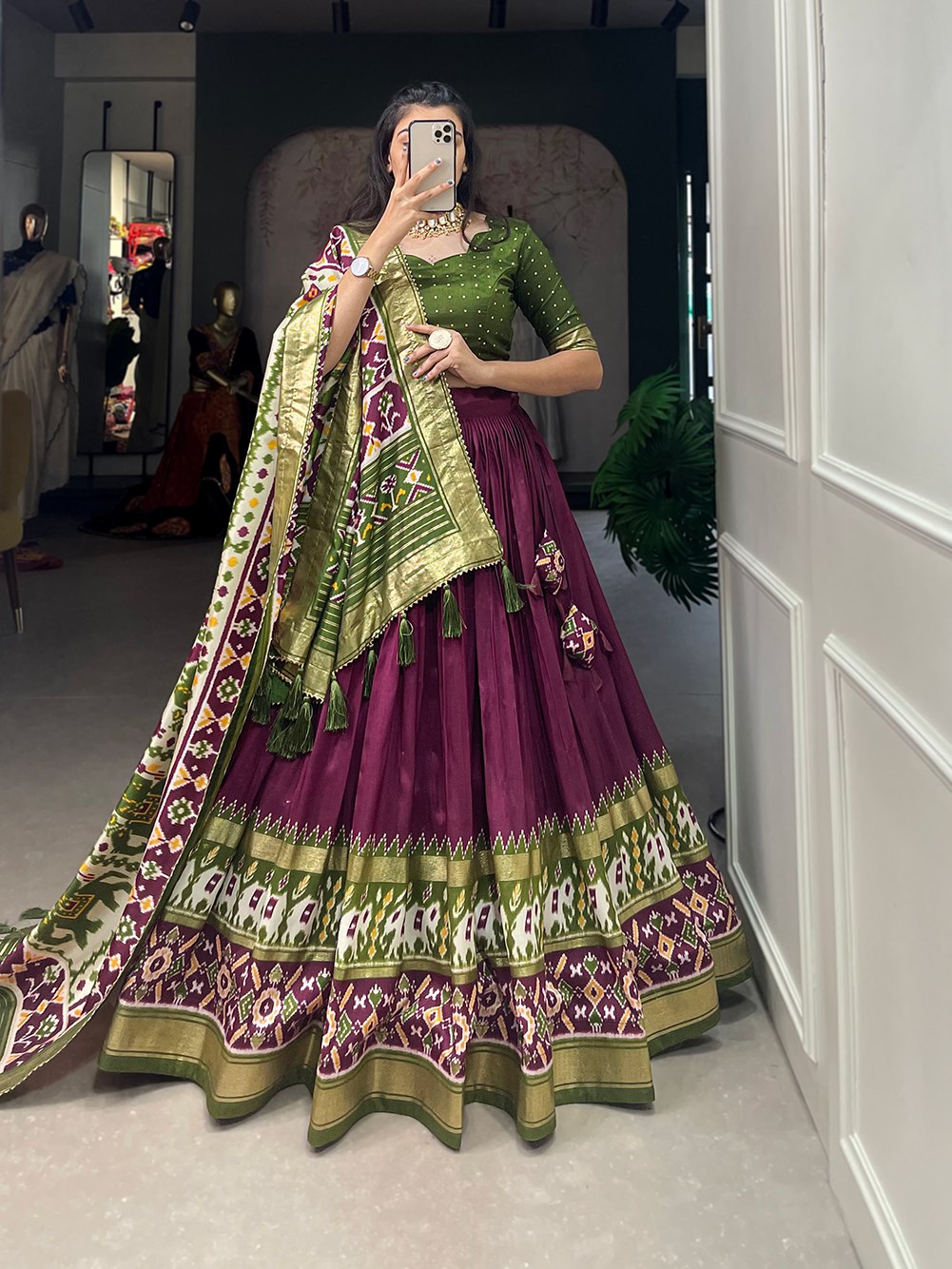 Mameraa Wine & Olive Green Patola Lehenga Choli with Banarasi Border & Printed Dupatta