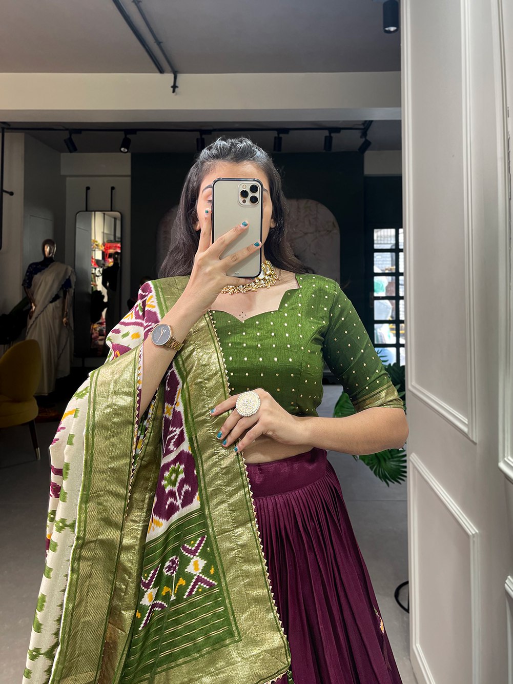 Mameraa Wine & Olive Green Patola Lehenga Choli with Banarasi Border & Printed Dupatta