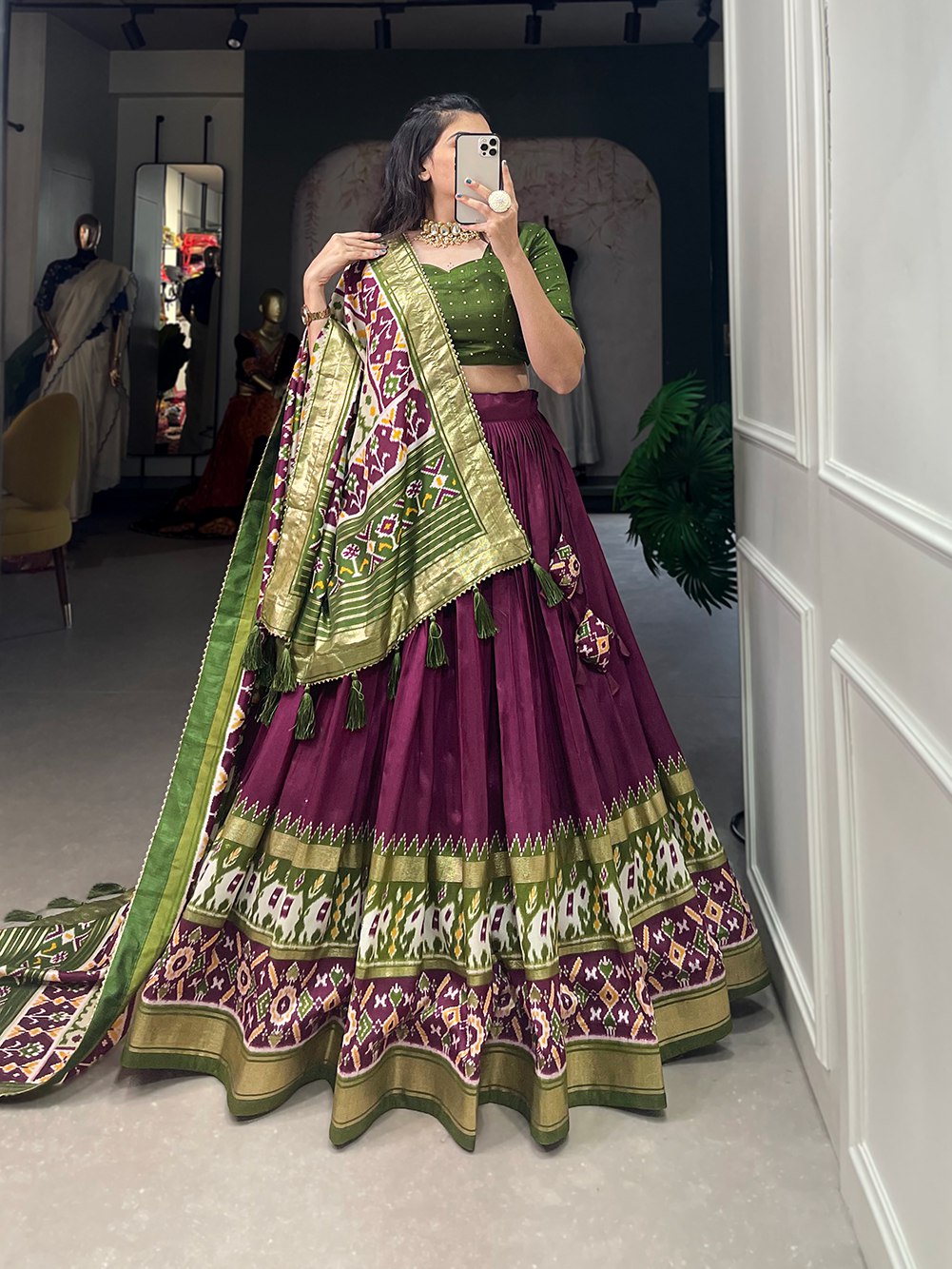 Mameraa Wine & Olive Green Patola Lehenga Choli with Banarasi Border & Printed Dupatta