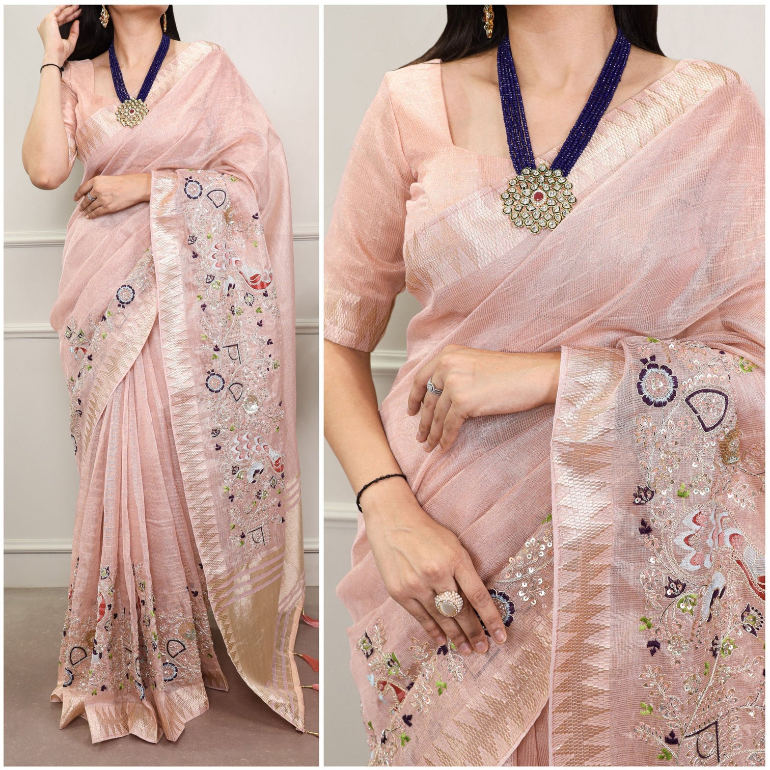 Peach Elegant Zari Kota Tissue Saree with Embroidery Beads Work & Zari Weaving Border, Matching Unstitched Blouse – Festive & Traditional Wear