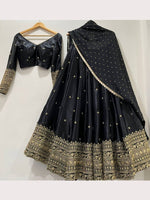 image, Elegant Black Silk Lehenga Choli with Heavy Gold Embroidered Border &amp; Dupatta