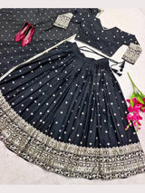 Elegant Black Silk Lehenga Choli with Heavy Gold Embroidered Border & Dupatta