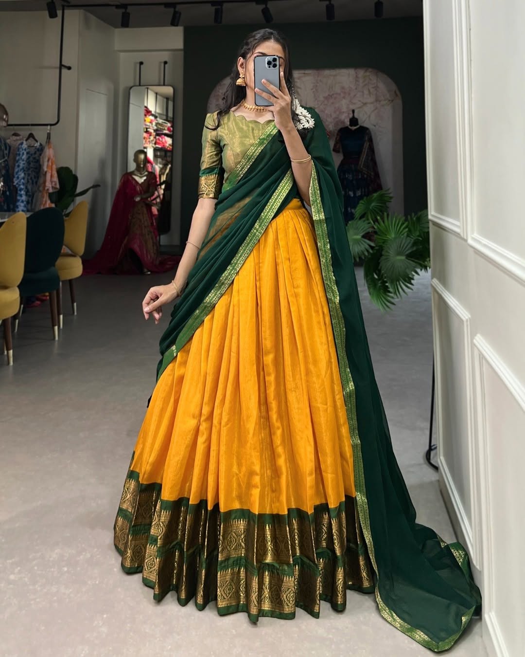Mustard Yellow Silk Lehenga Choli with Green Dupatta & Zari Border