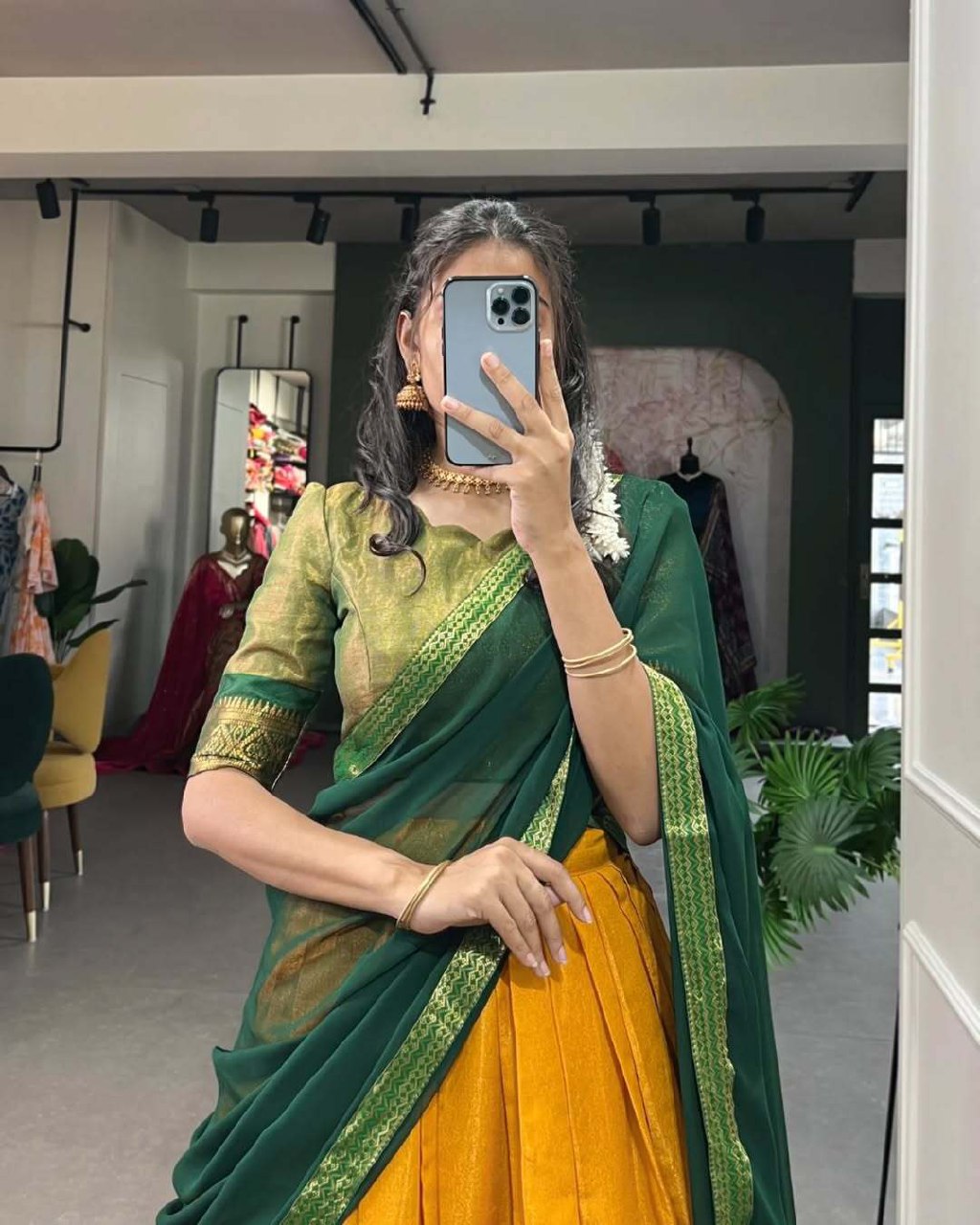 Mustard Yellow Silk Lehenga Choli with Green Dupatta & Zari Border
