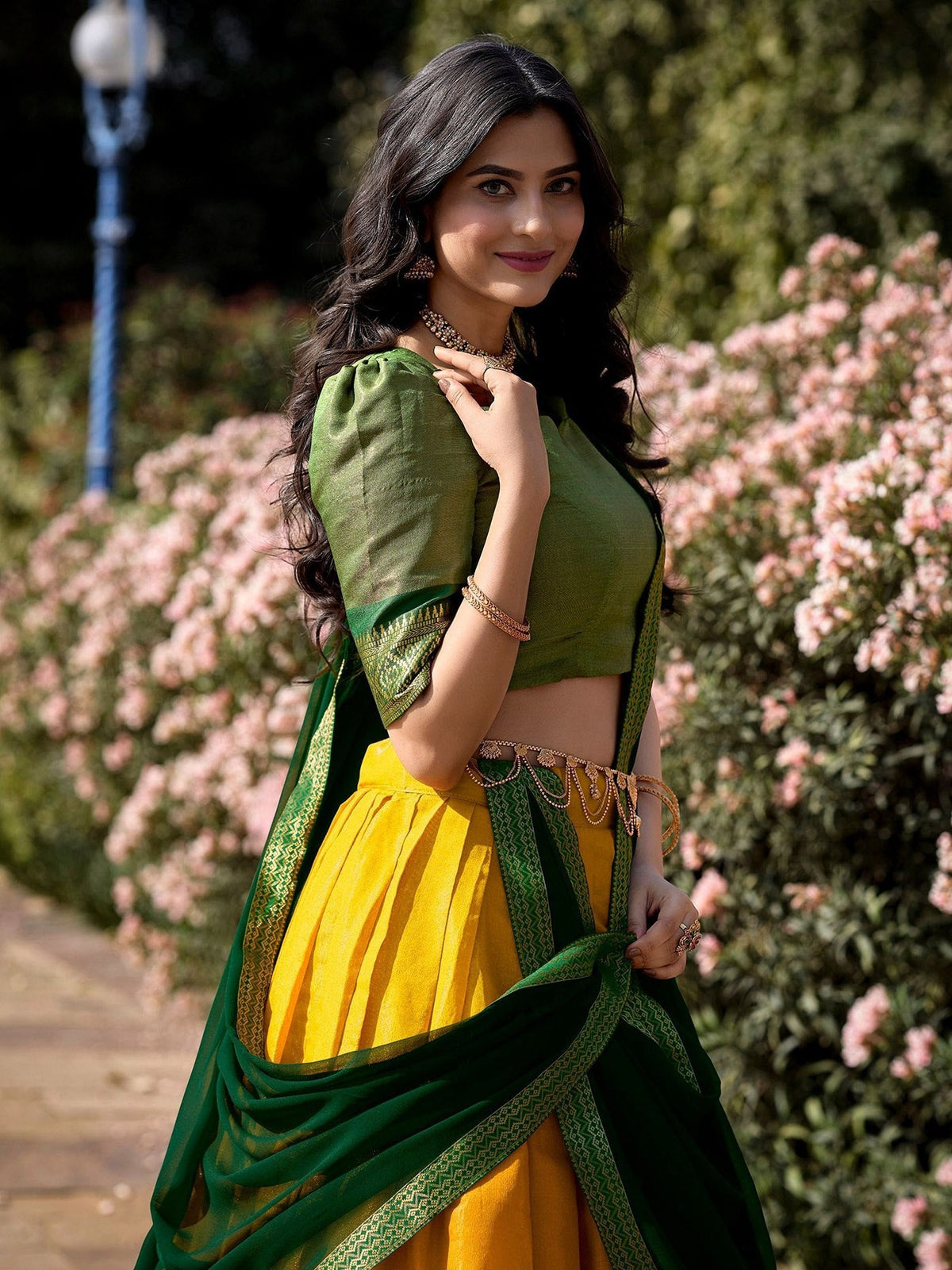 Mustard Yellow Silk Lehenga Choli with Green Dupatta & Zari Border