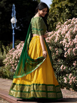 Mustard Yellow Silk Lehenga Choli with Green Dupatta & Zari Border
