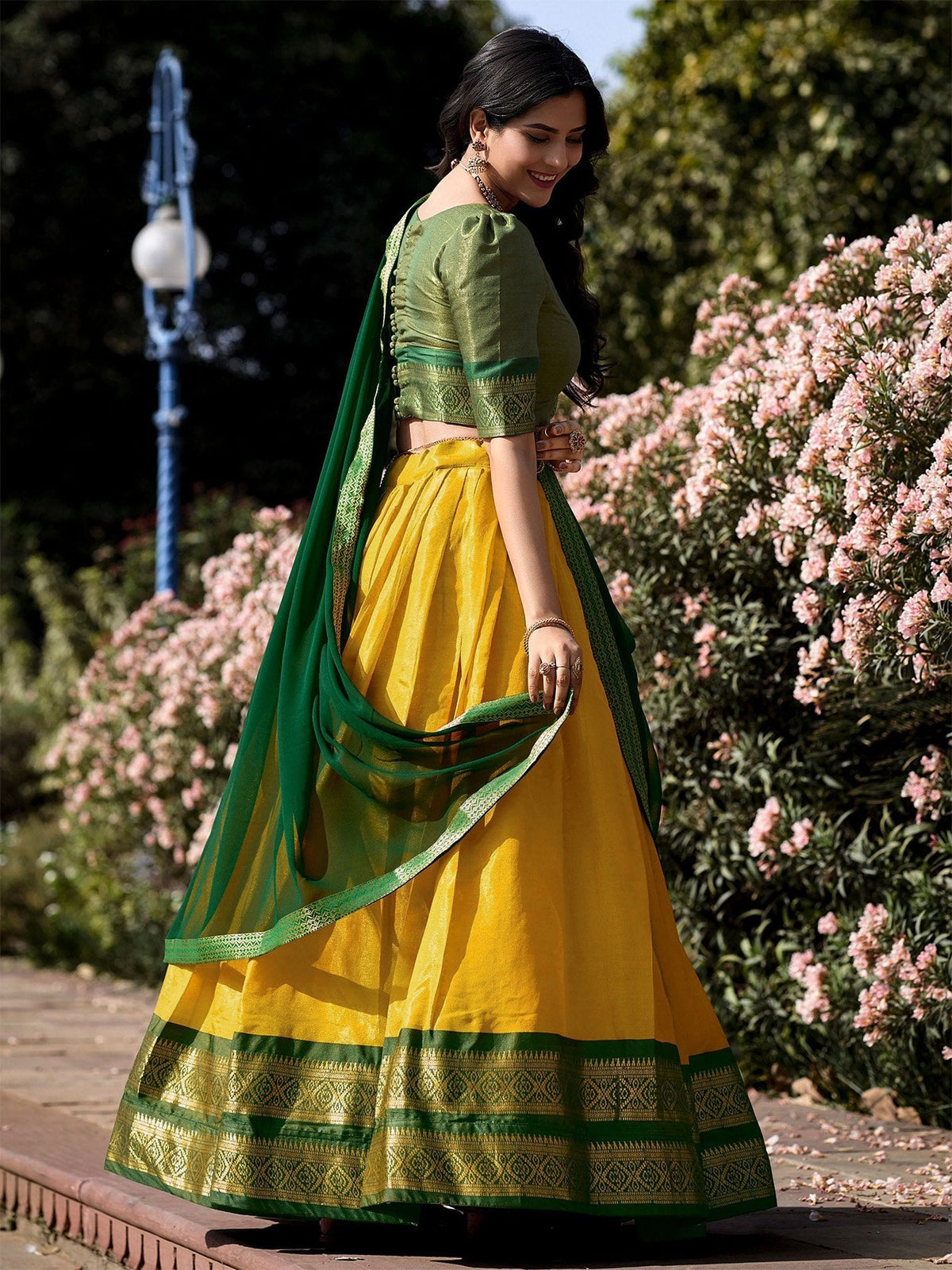 Mustard Yellow Silk Lehenga Choli with Green Dupatta & Zari Border