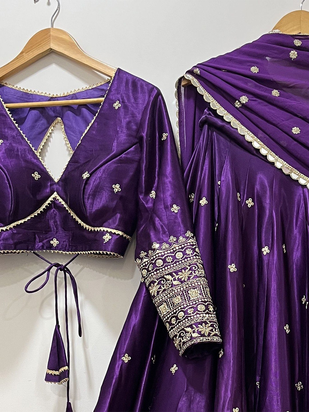 Royal Purple Silk Lehenga Choli with Heavy Gold Embroidered Border & Dupatta