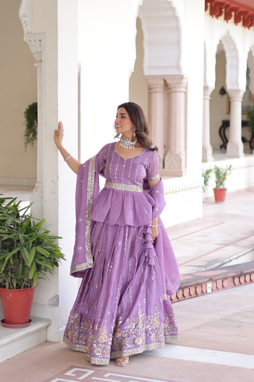 Lavender Gold Crush Multi-Thread Embroidered Lehenga Choli Set with Sequins, Peplum Blouse & Designer Lace Dupatta