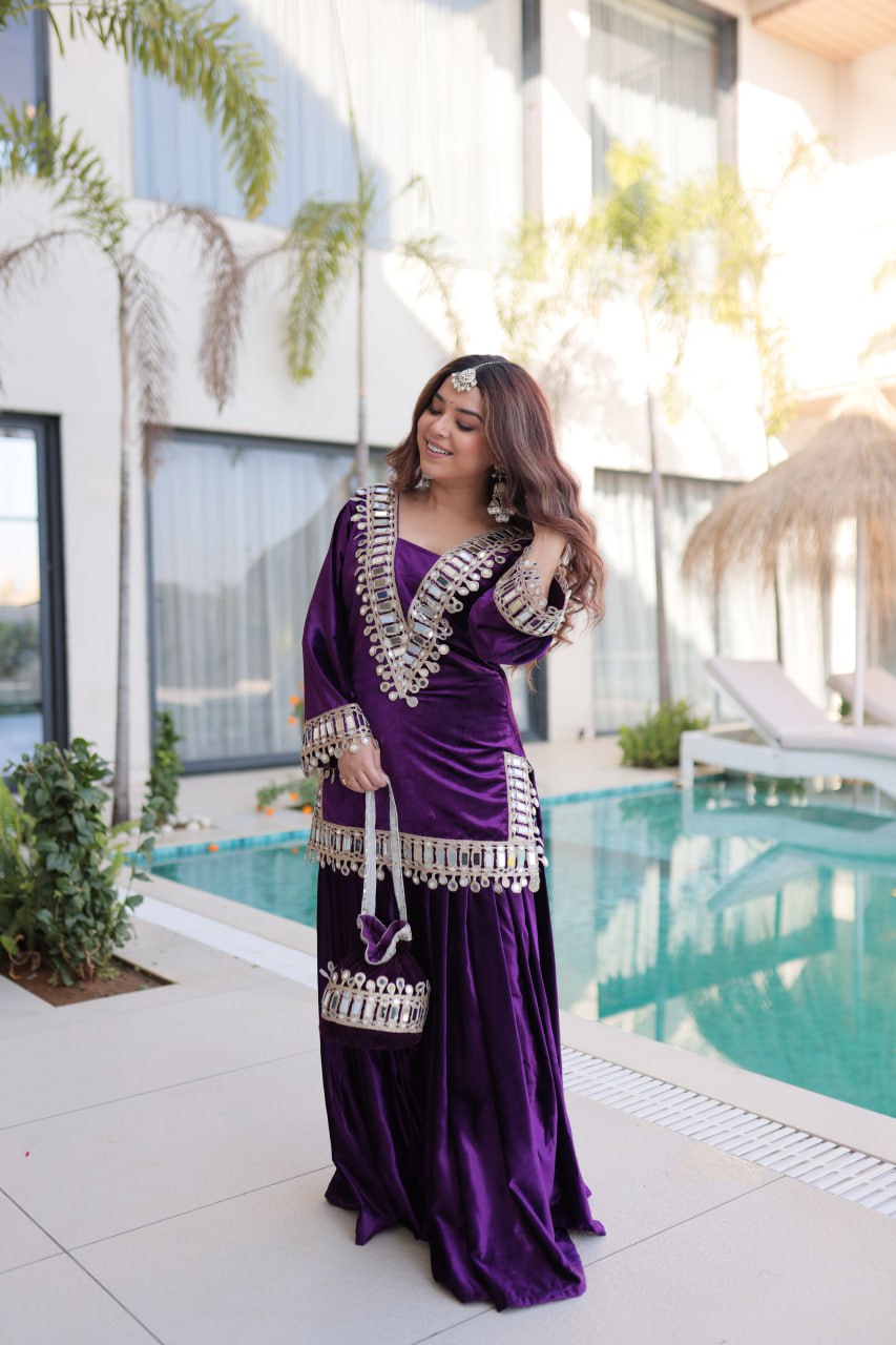 Wine purple ice velvet zari mirror work top with flared palazzo set