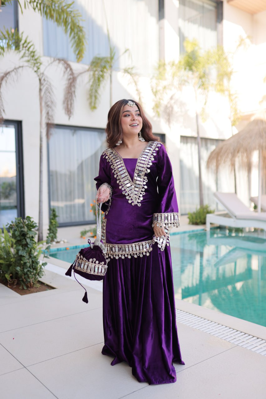 Wine purple ice velvet zari mirror work top with flared palazzo set