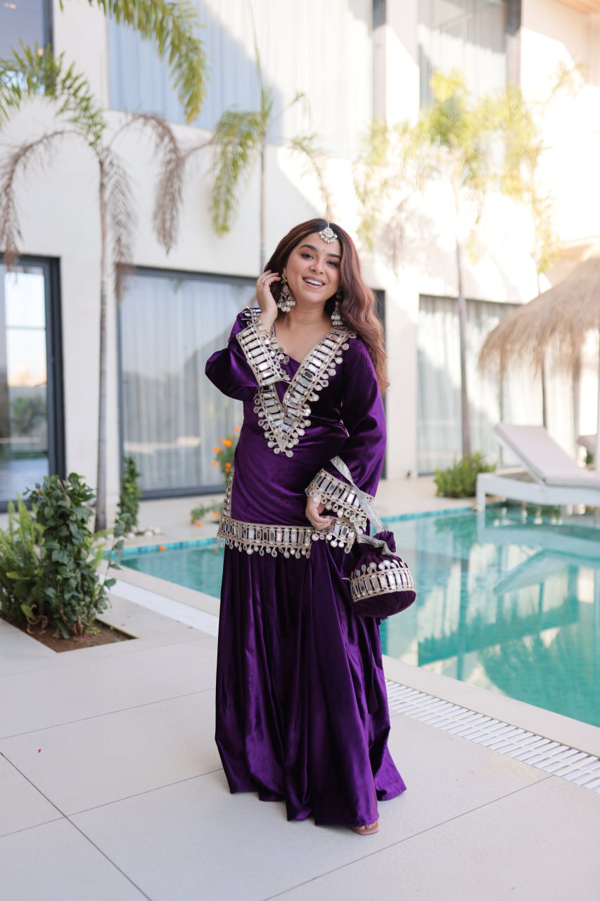Wine purple ice velvet zari mirror work top with flared palazzo set