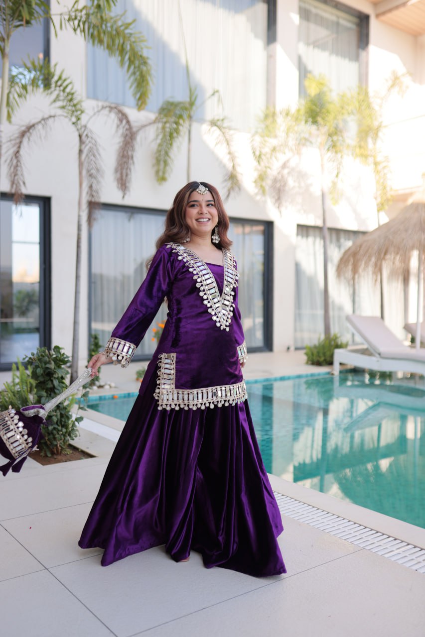 Wine purple ice velvet zari mirror work top with flared palazzo set