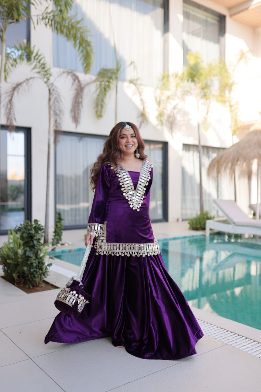 Wine purple ice velvet zari mirror work top with flared palazzo set