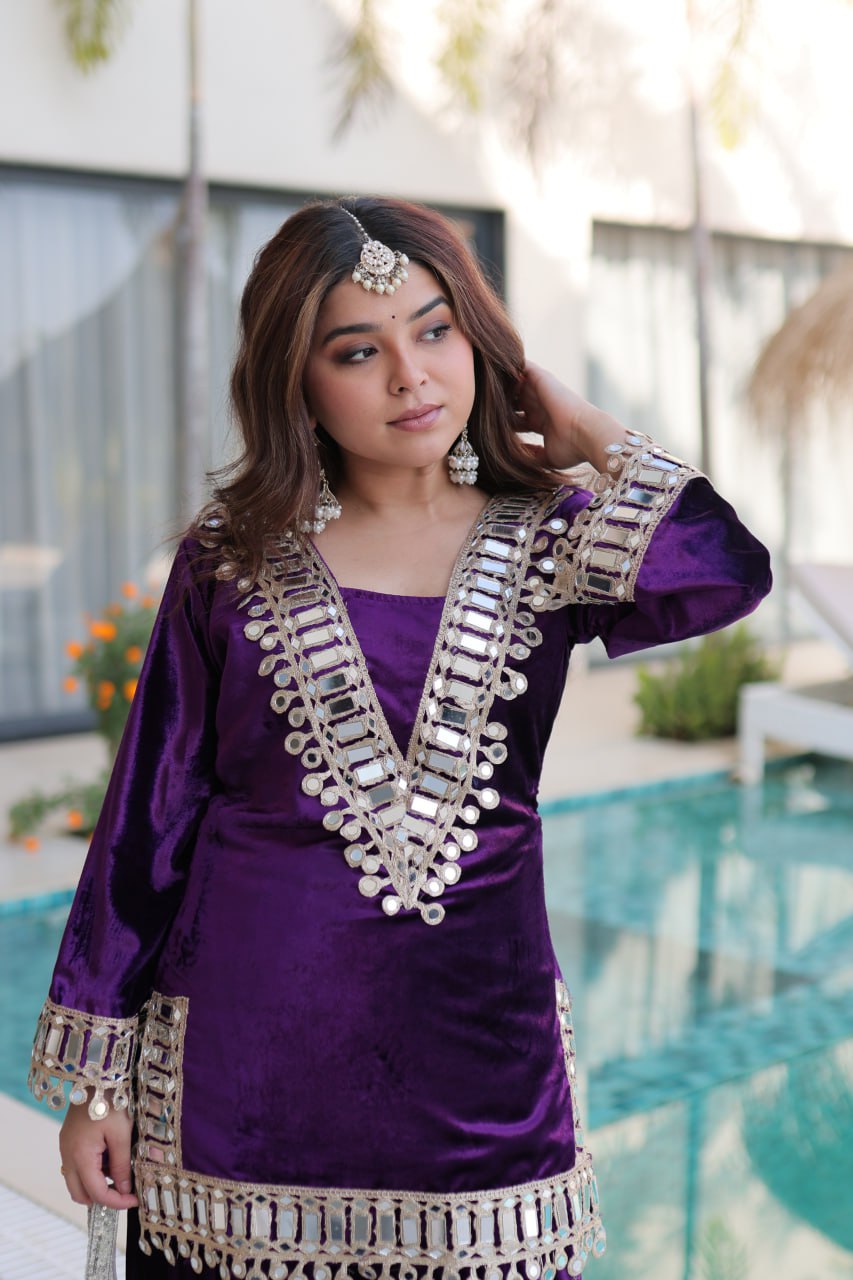Wine purple ice velvet zari mirror work top with flared palazzo set mameraa
