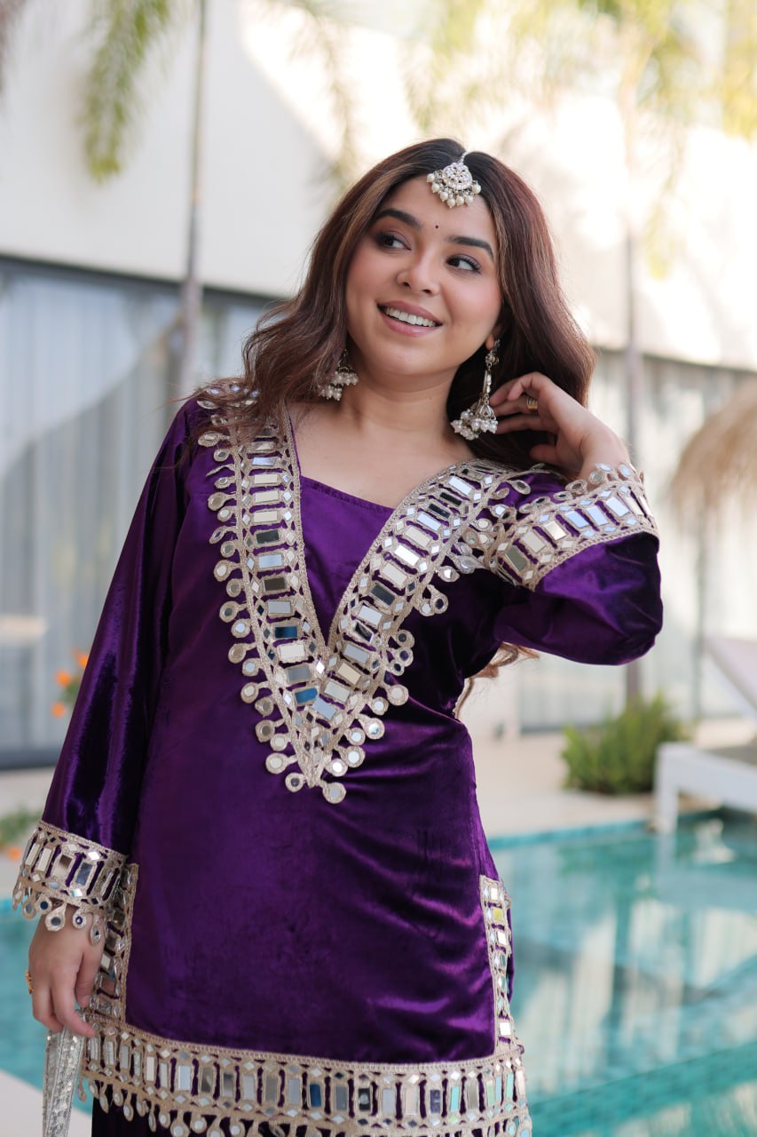 Wine purple ice velvet zari mirror work top with flared palazzo set