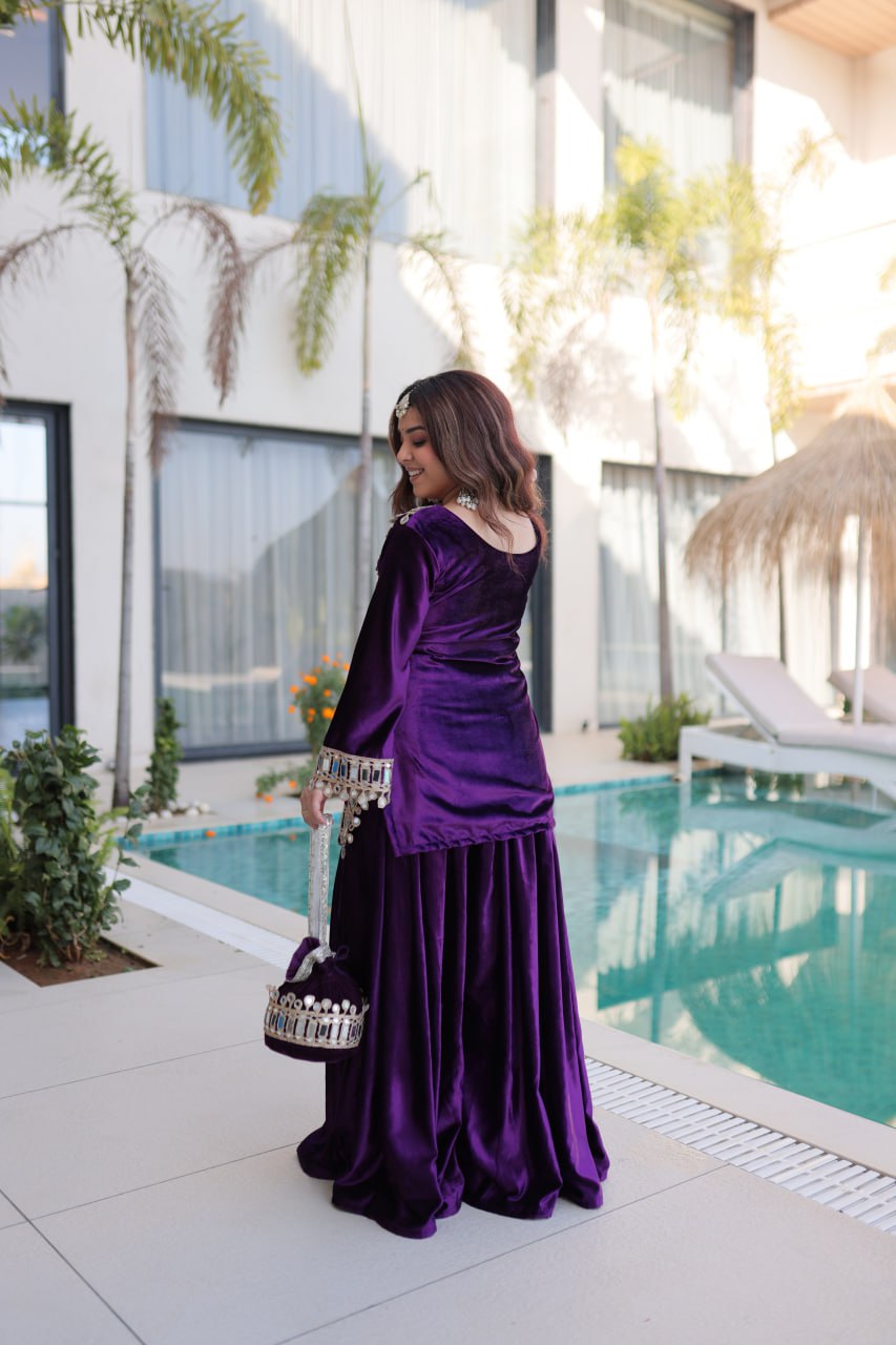 Wine purple ice velvet zari mirror work top with flared palazzo set