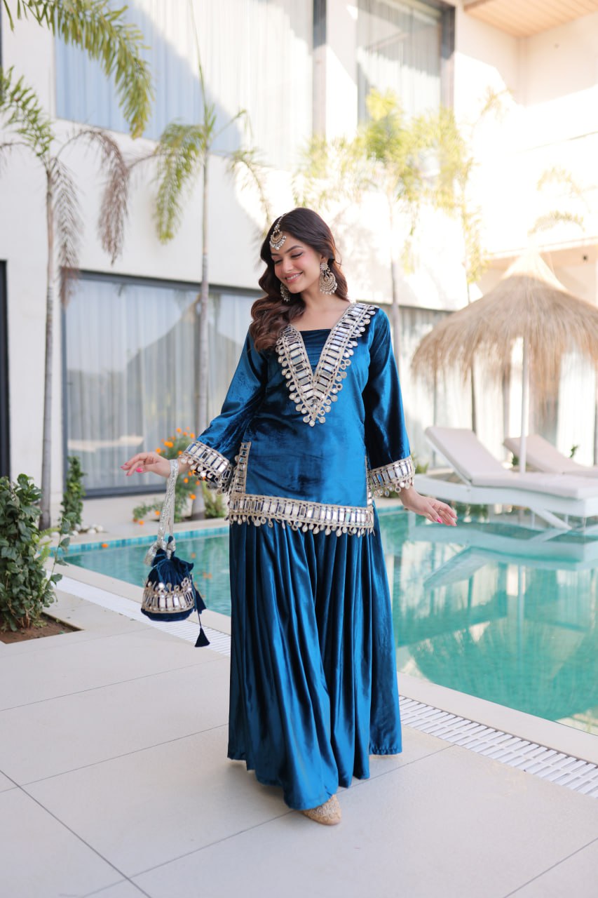 Teal blue ice velvet zari mirror work top with flared palazzo set
