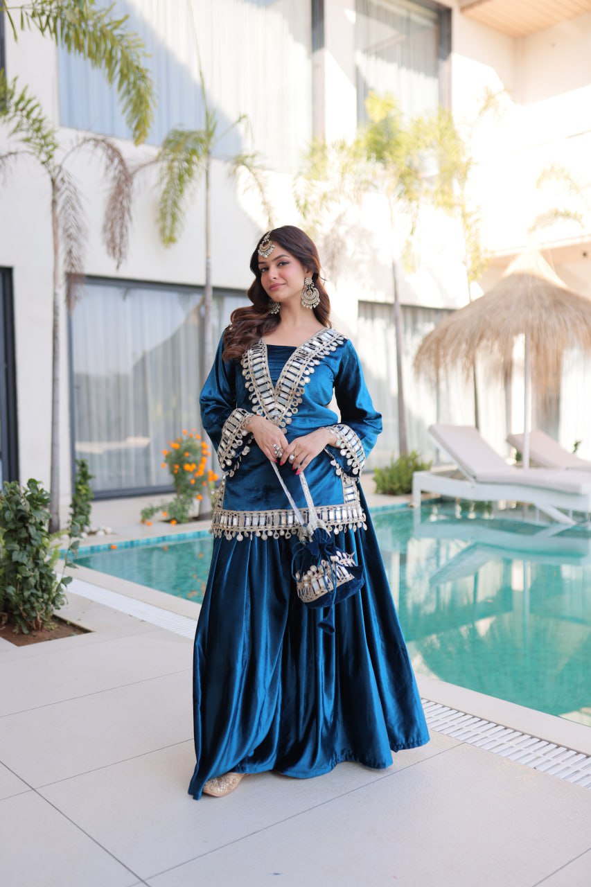 Teal blue ice velvet zari mirror work top with flared palazzo set